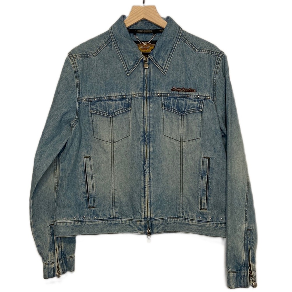 Vintage Harley-Davidson XL Women’s Jean Jacket Leather Back Panel Biker Moto - Picture 2 of 9